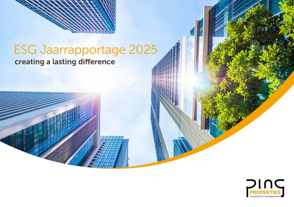 Cover image for ESG Jaarrapportage 2025: 'creating a lasting difference' with modern glass buildings and an orange arc, branding by PING Properties.